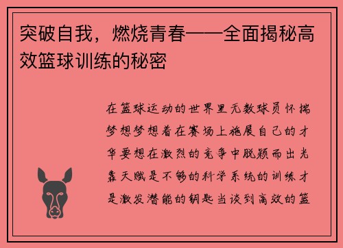 突破自我，燃烧青春——全面揭秘高效篮球训练的秘密