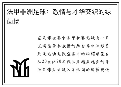 法甲非洲足球：激情与才华交织的绿茵场