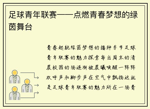 足球青年联赛——点燃青春梦想的绿茵舞台