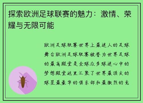 探索欧洲足球联赛的魅力：激情、荣耀与无限可能
