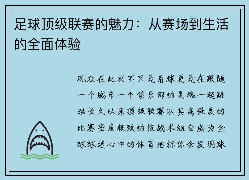 足球顶级联赛的魅力：从赛场到生活的全面体验