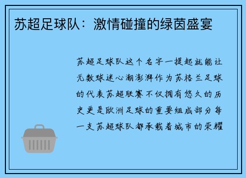 苏超足球队：激情碰撞的绿茵盛宴