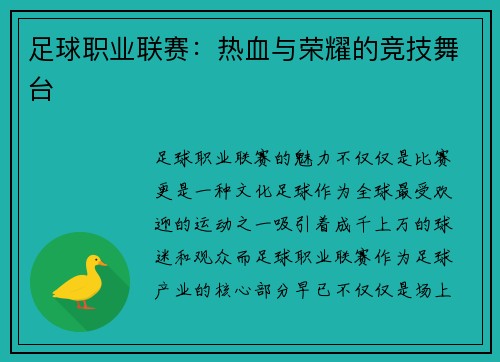 足球职业联赛：热血与荣耀的竞技舞台